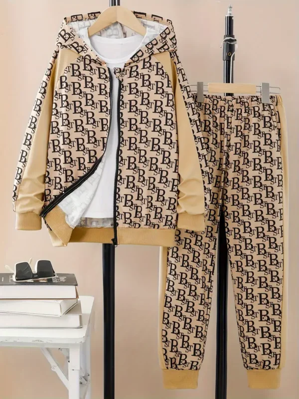 Ensemble de pantalons décontractés à manches longues pour enfants avec fermeture éclair, imprimé alphabet, tissu en polyester doux