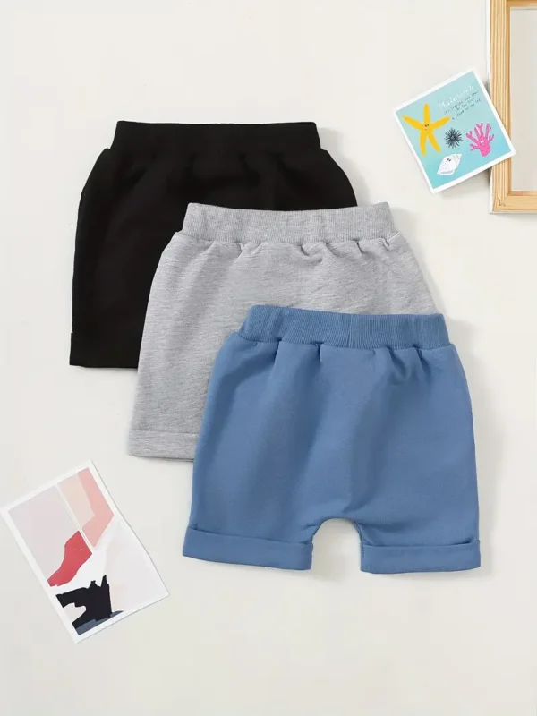 Lot de 3 shorts décontractés de couleur unie pour bébé, bas élastique confortable à la taille, vêtements pour bébé garçon pour l'intérieur et l'extérieur - Image 2