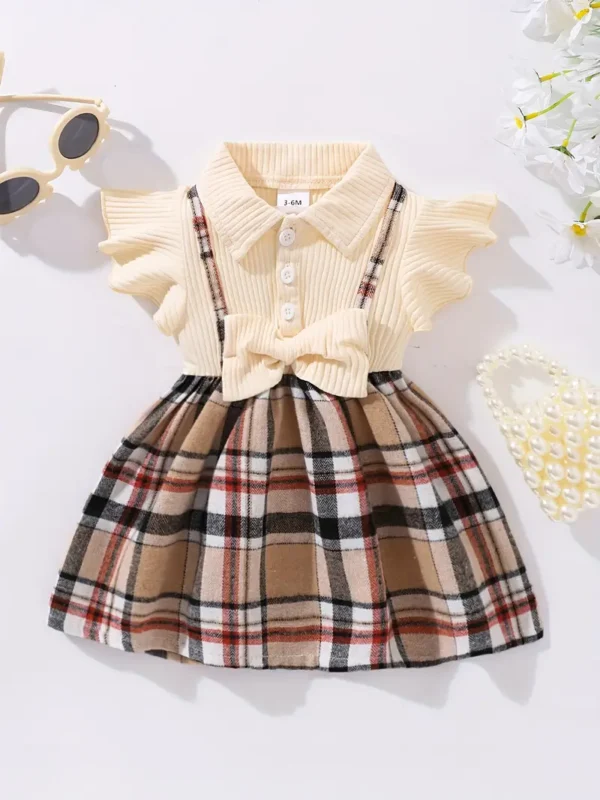 Robe décontractée à carreaux avec nœud papillon et manches flottantes pour fille, robe à coutures tendance, vêtements d'été en coton pour tout-petits et enfants