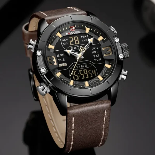 Montre de sport à double affichage pour homme Naviforce, Mouvement à quartz, affichage LED et analogique, boîtier en acier inoxydable, bracelet en similicuir – Image 8