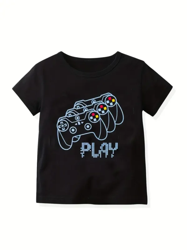 Lot de 4 t-shirts créatifs pour garçons avec imprimé de lettres et manette de jeu, décontractés, légers et confortables, à manches courtes et col ras du cou, vêtements pour enfants pour l'été - Image 3