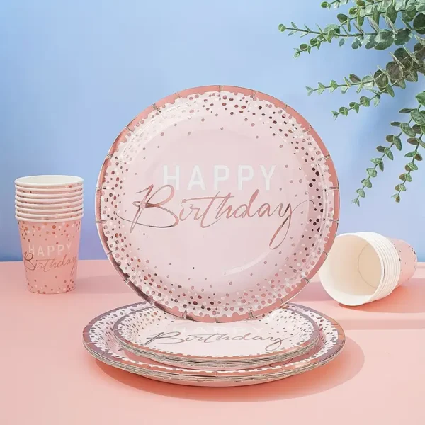 Ensemble de fête d'anniversaire élégant de 84 pièces, Assiettes jetables roses et roses dorées, serviettes, fourchettes, couteaux, cuillères pour 12 invités, Parfait pour Halloween, Noël, Pâques, Thanksgiving – Image 8