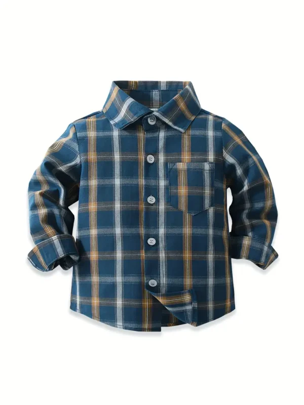 Chemise décontractée à manches longues et col à revers pour garçon, motif à carreaux, idéale pour un usage quotidien et extérieur, lavable en machine, haut toutes saisons