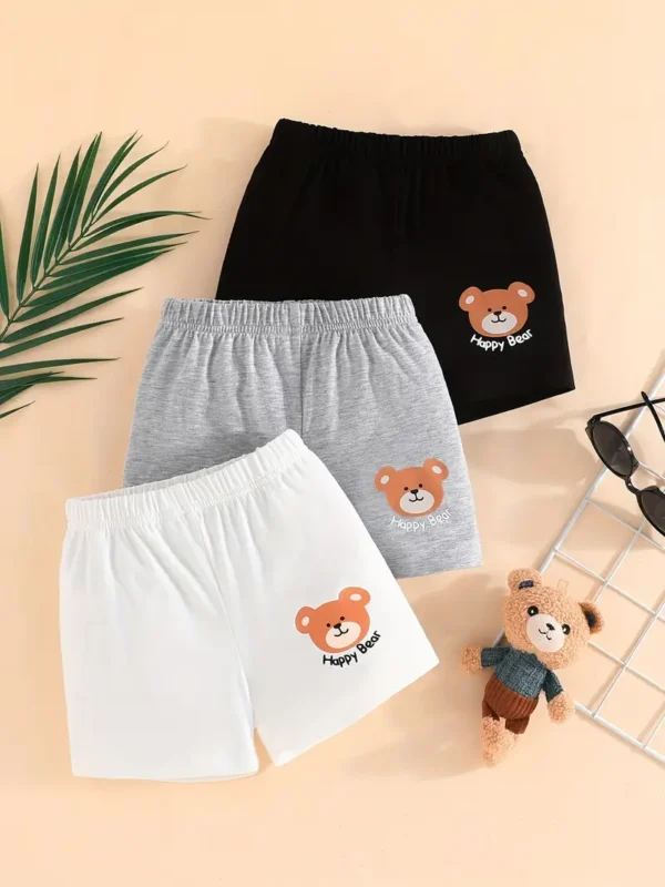 Lot de 3 shorts décontractés à imprimé Happy Bear pour bébé et tout-petit, bas confortables à taille élastique, vêtements pour bébé garçon