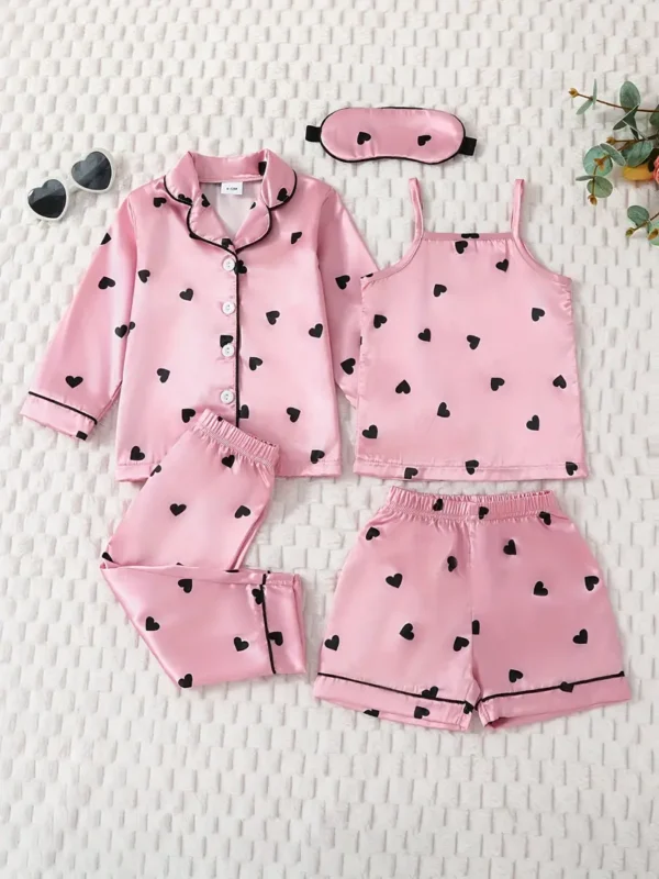Ensemble de pyjama 5 pièces pour filles avec motif de cœurs d'amour sur toute la surface, haut à manches longues avec boucle à revers et pantalon assorti, débardeur sans manches, short et masque pour les yeux, ensemble de pyjama décontracté et mignon
