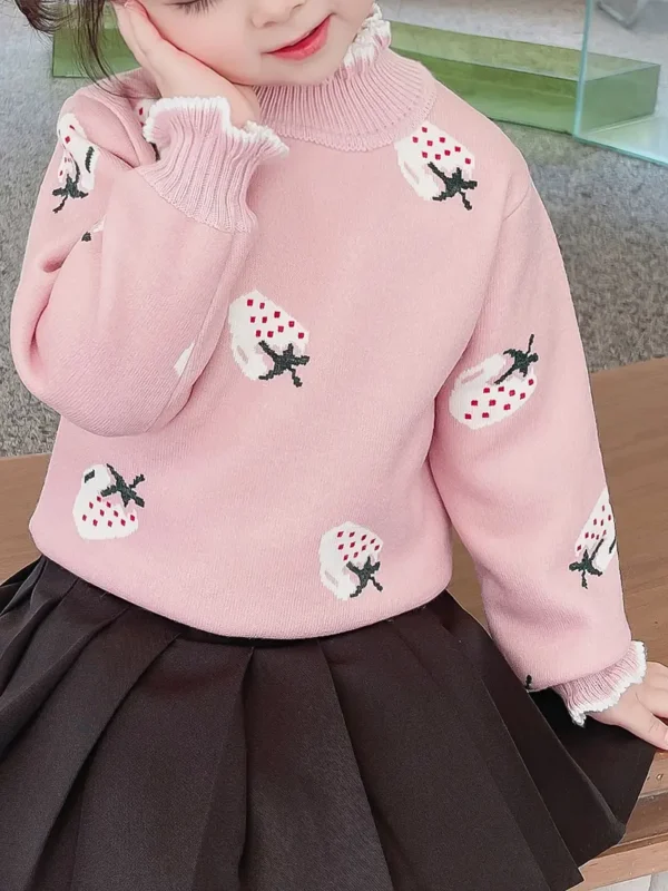 Pull à col en laitue pour filles, motif fraise, pull épais à manches longues avec doublure thermique, chaud et confortable