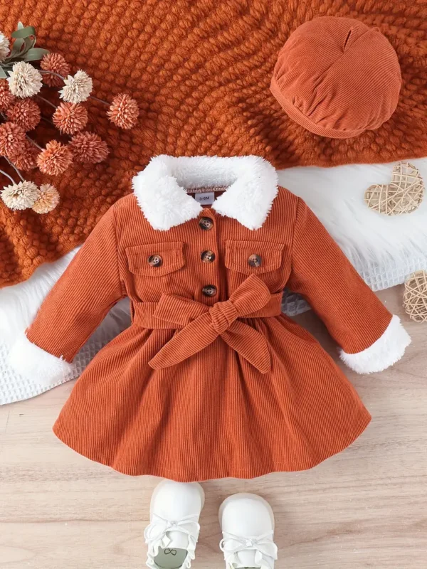 Vêtements pour bébé fille, col en fourrure, couleur unie, robe à manches longues avec chapeau et ceinture, ensemble 3 pièces