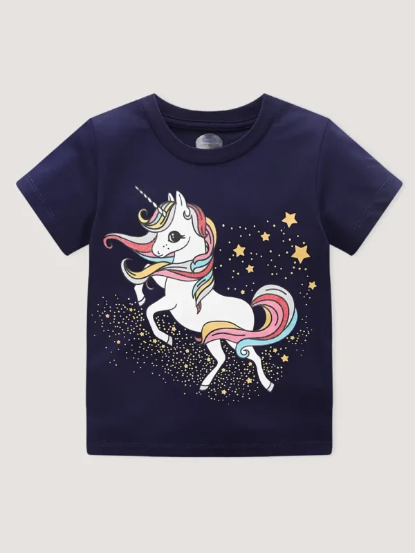 8 pièces, 100 % coton, motif licorne de dessin animé, imprimé lettres, col ras du cou, doux, respirant, manches courtes, tendance, confortable, vêtements pour filles - Image 11