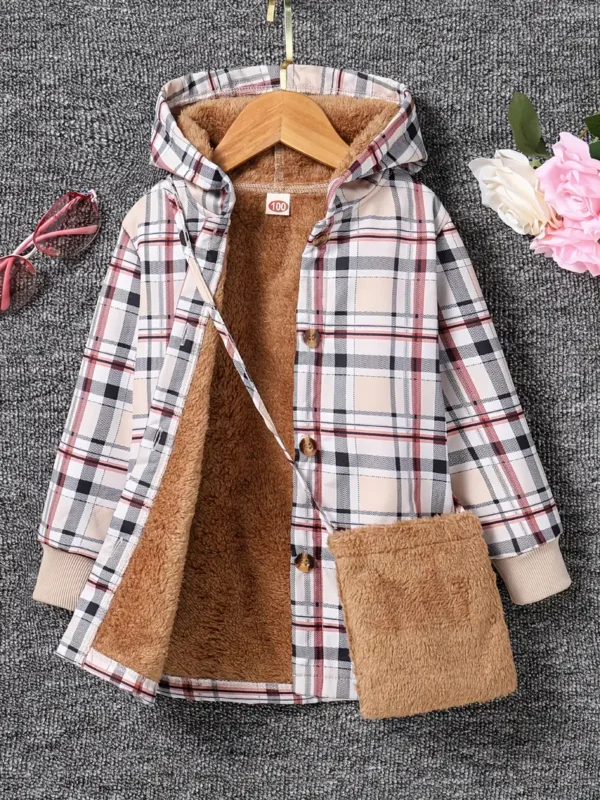 Manteau à capuche boutonné chaud doublé polaire à imprimé écossais pour filles, vêtements pour enfants pour l'automne/hiver