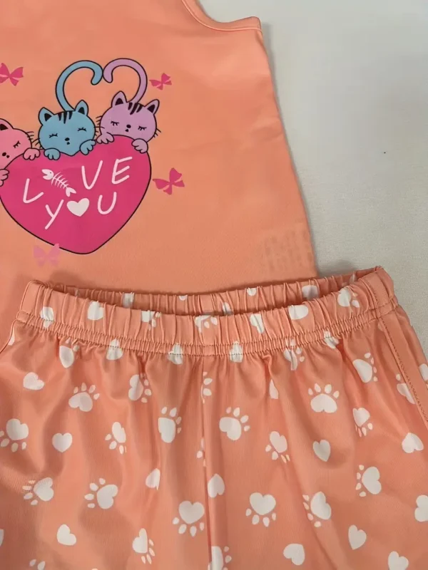 Ensemble de 3 tenues mignonnes pour fille avec motif de dessin animé, débardeur et short à imprimé chaton, fraise et panda, Idéal pour les sorties décontractées d'été – Image 11
