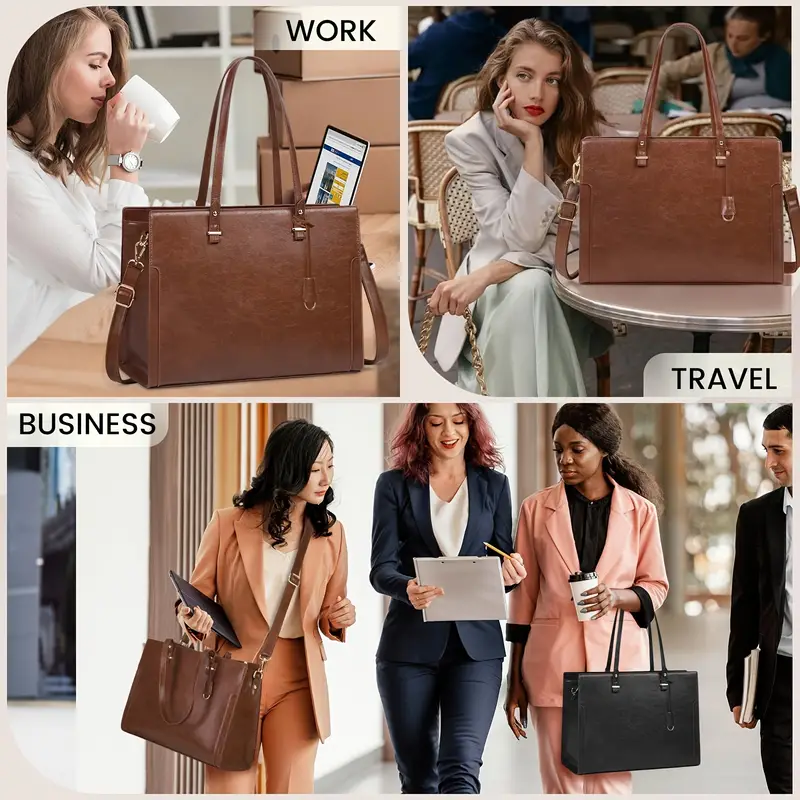 Sacoche pour ordinateur portable vintage marron élégant de 39,62 cm pour femme, Mallette en similicuir imperméable avec bandoulière, sac fourre-tout de travail professionnel 8 Sacoche pour ordinateur portable vintage marron élégant de 39,62 cm pour femme, Mallette en similicuir imperméable avec bandoulière, sac fourre-tout de travail professionnel – Image 7