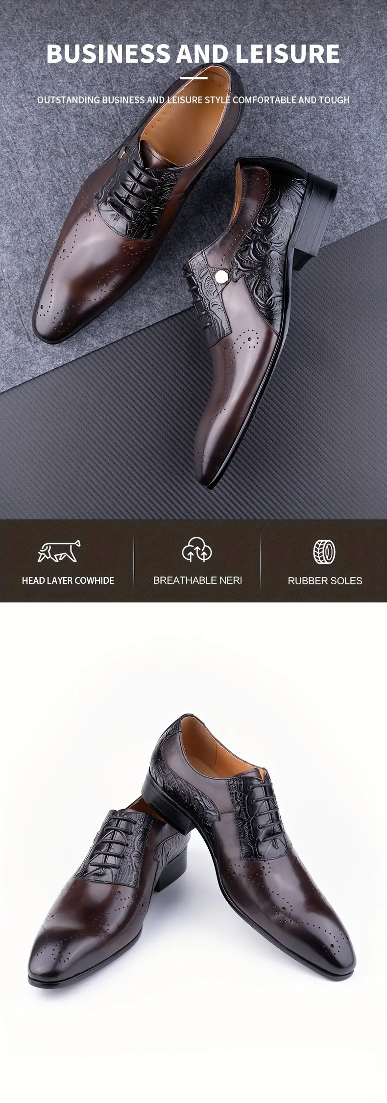 Chaussures Oxford à bout richelieu vintage de luxe pour hommes, confortables, antidérapantes, tige en cuir de vachette pleine fleur, semelle en caoutchouc, chaussures habillées pour hommes 12 Chaussures Oxford à bout richelieu vintage de luxe pour hommes, confortables, antidérapantes, tige en cuir de vachette pleine fleur, semelle en caoutchouc, chaussures habillées pour hommes – Image 11