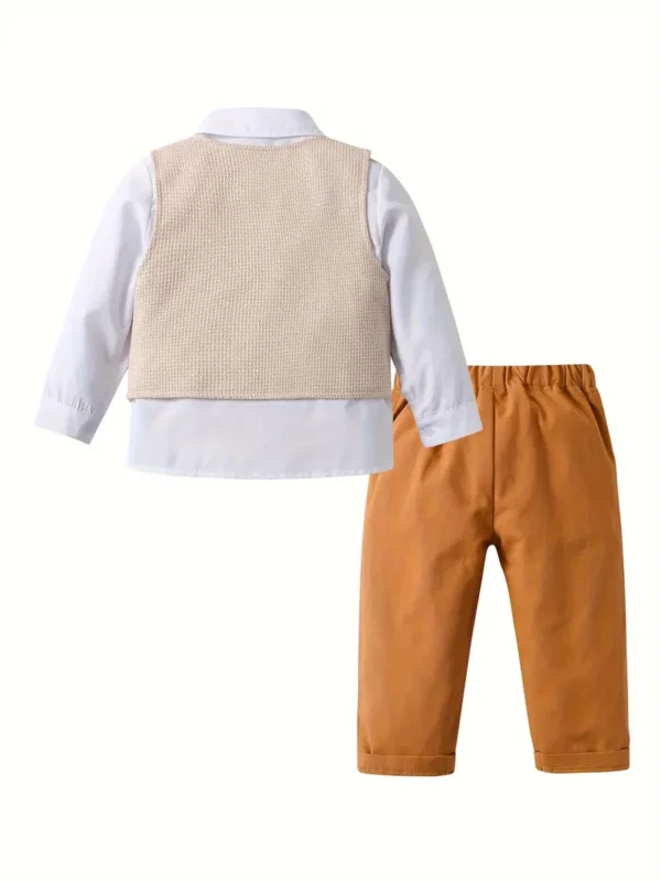 Ensemble de costumes décontractés 3 pièces pour garçons, Gilet beige, chemise à manches longues et pantalon avec nœud papillon, Tissu tissé, non extensible, couleur unie, avec poches, Tenue de soirée pour homme toutes saisons – Image 2