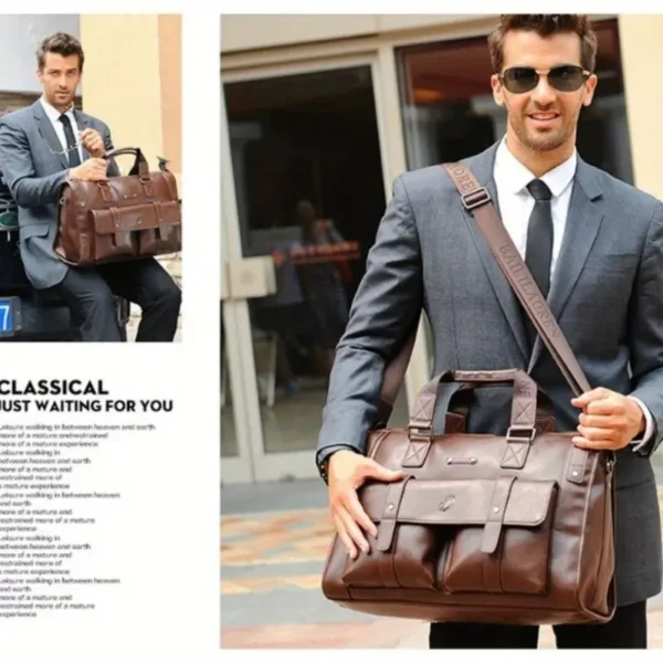 Mallette pour homme haut de gamme conforme à la TSA, Sac d'ordinateur en cuir PU de style britannique rétro avec doublure en polyester, résistant aux taches et à la décoloration, sacoche d'affaires et pochette résistante à l'eau avec ornement à bouton – Image 5
