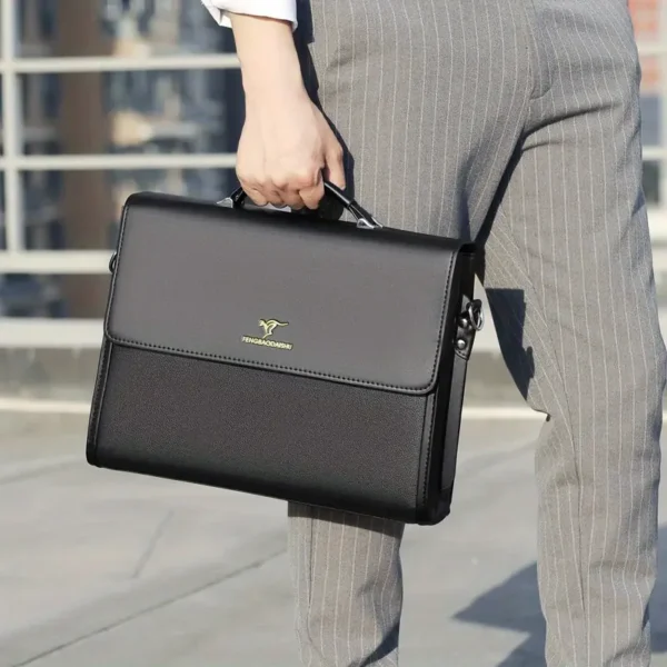 Porte-documents en similicuir pour homme, Sac à main d'affaires multicouche de grande capacité pour le travail et les déplacements, Disponible en marron foncé/noir – Image 11