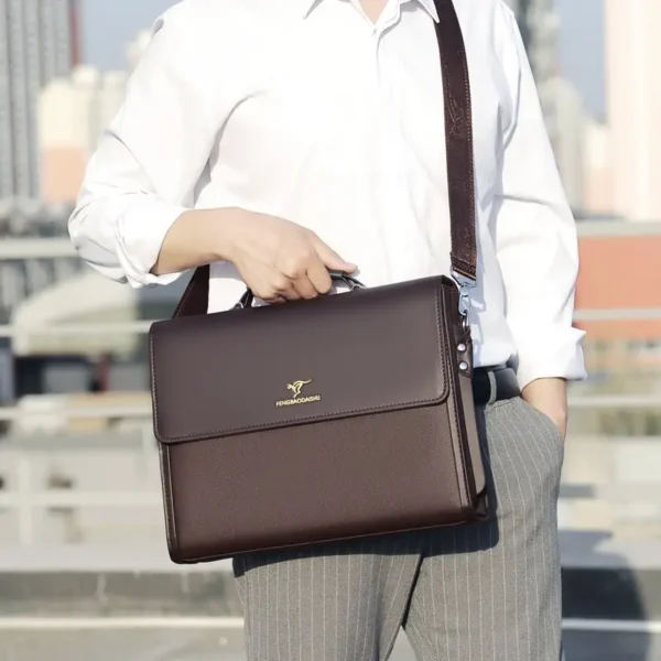 Porte-documents en similicuir pour homme, Sac à main d'affaires multicouche de grande capacité pour le travail et les déplacements, Disponible en marron foncé/noir – Image 12