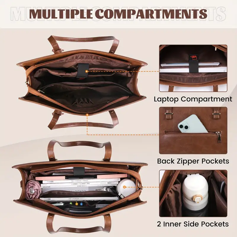 Sacoche pour ordinateur portable vintage marron élégant de 39,62 cm pour femme, Mallette en similicuir imperméable avec bandoulière, sac fourre-tout de travail professionnel 7 Sacoche pour ordinateur portable vintage marron élégant de 39,62 cm pour femme, Mallette en similicuir imperméable avec bandoulière, sac fourre-tout de travail professionnel – Image 6