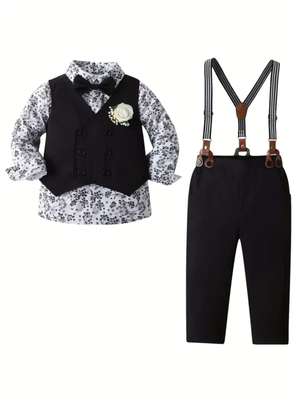 Ensemble 3 pièces pour garçon, chemise à nœud papillon, gilet et salopette, tenue de soirée pour discours, fête d'anniversaire, vêtements pour enfants pour printemps, automne, hiver, vêtements d'extérieur