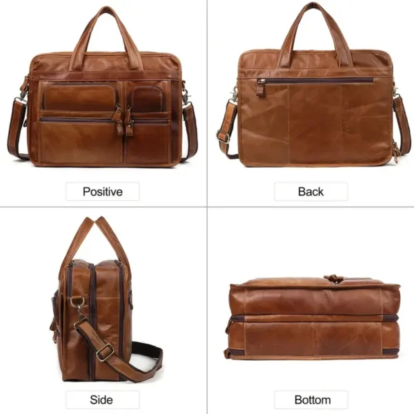 Sac fourre-tout vintage en cuir marron pour homme, mallette d'affaires de 39,62 cm, sac de bureau à bandoulière en cuir de vachette, sacoche de travail professionnelle durable – Image 3