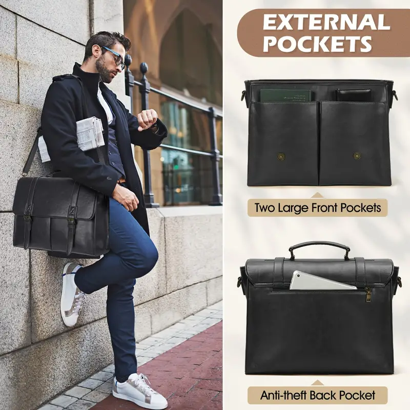 Sac messager vintage en similicuir pour homme, Sacoche étanche pour ordinateur portable de 39,62 cm, grand sac à bandoulière pour le travail au bureau, les affaires et l'université 7 Sac messager vintage en similicuir pour homme, Sacoche étanche pour ordinateur portable de 39,62 cm, grand sac à bandoulière pour le travail au bureau, les affaires et l'université – Image 6