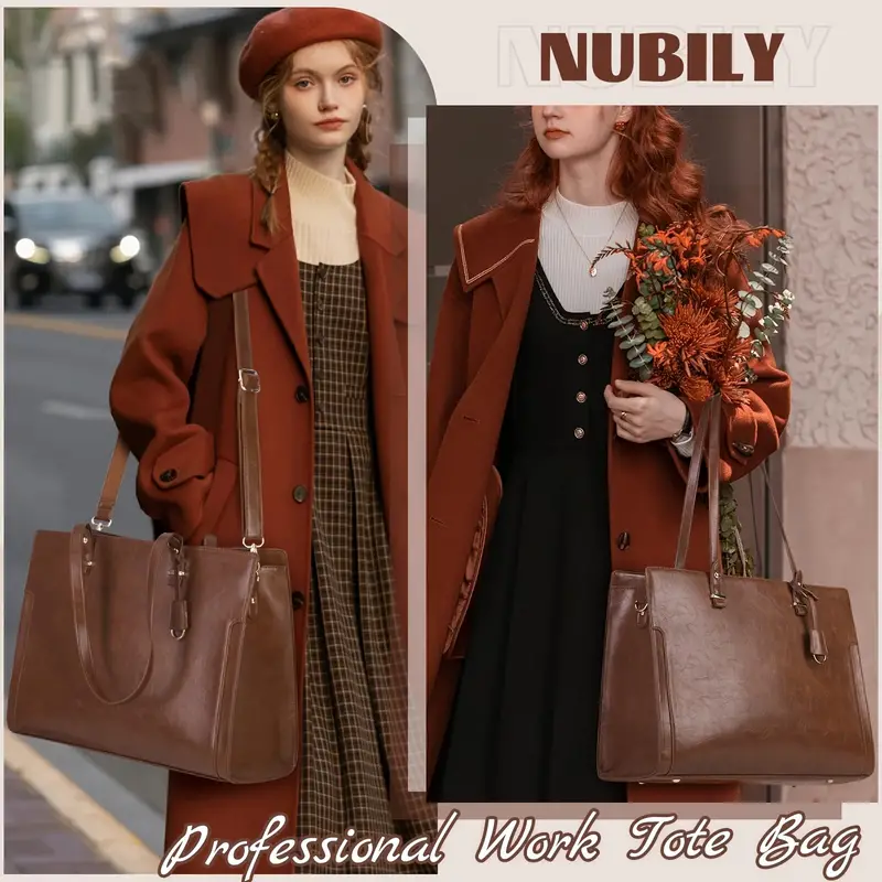 Sacoche pour ordinateur portable vintage marron élégant de 39,62 cm pour femme, Mallette en similicuir imperméable avec bandoulière, sac fourre-tout de travail professionnel 4 Sacoche pour ordinateur portable vintage marron élégant de 39,62 cm pour femme, Mallette en similicuir imperméable avec bandoulière, sac fourre-tout de travail professionnel – Image 3