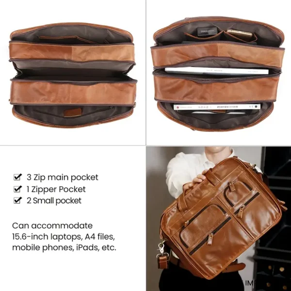 Sac fourre-tout vintage en cuir marron pour homme, mallette d'affaires de 39,62 cm, sac de bureau à bandoulière en cuir de vachette, sacoche de travail professionnelle durable – Image 4