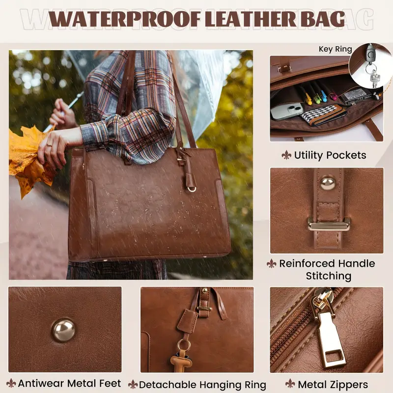 Sacoche pour ordinateur portable vintage marron élégant de 39,62 cm pour femme, Mallette en similicuir imperméable avec bandoulière, sac fourre-tout de travail professionnel 5 Sacoche pour ordinateur portable vintage marron élégant de 39,62 cm pour femme, Mallette en similicuir imperméable avec bandoulière, sac fourre-tout de travail professionnel – Image 4