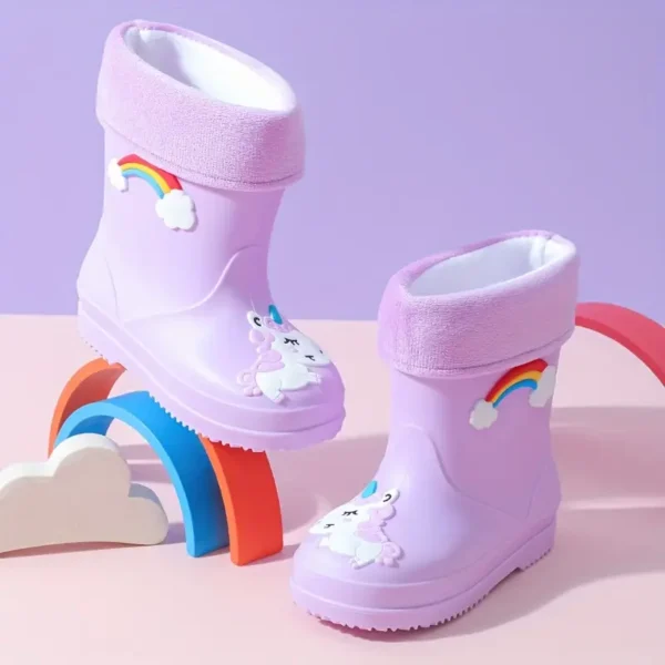 Bottes de pluie doublées en peluche pour enfants 2024, Bottes courtes en caoutchouc durables, toutes saisons et chaudes avec motif de dessin animé pour garçons et filles, chaussures d'extérieur en PVC à bout rond à enfiler - Image 8