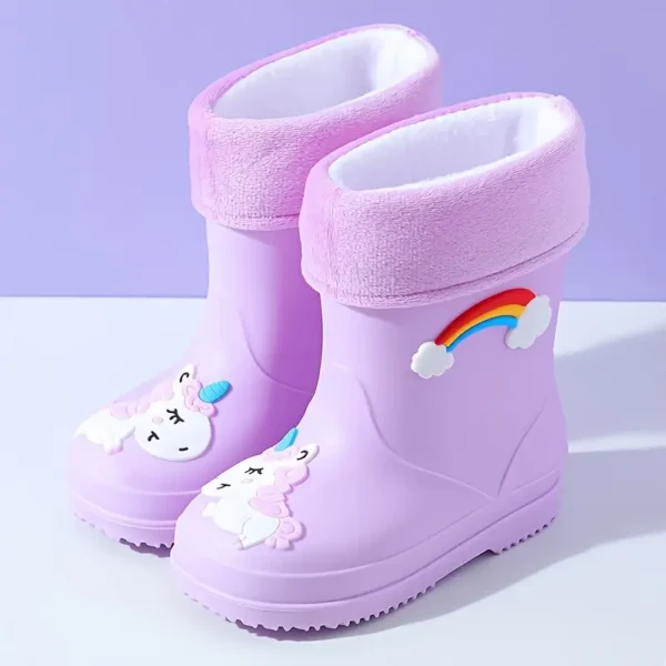 Bottes de pluie doublées en peluche pour enfants 2024, Bottes courtes en caoutchouc durables, toutes saisons et chaudes avec motif de dessin animé pour garçons et filles, chaussures d'extérieur en PVC à bout rond à enfiler - Image 4