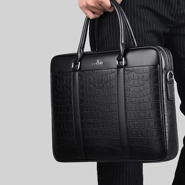 HUABUPS Mallette en similicuir noir pour homme, Grande capacité, motif crocodile, sac d'affaires avec bandoulière réglable, convient pour ordinateur portable de 14 pouces, idéal pour le bureau et les déplacements quotidiens