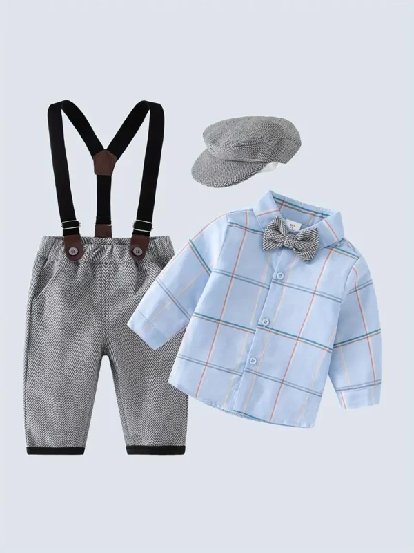 Costume de gentleman pour bébé Costume de gentleman pour bébé, chemise et salopette à rayures aléatoires pour enfants avec chapeau et nœud pour banquet d'anniversaire, fête de mariage, festival, spectacle de pleine lune 1 novembre 2024 Kotazando