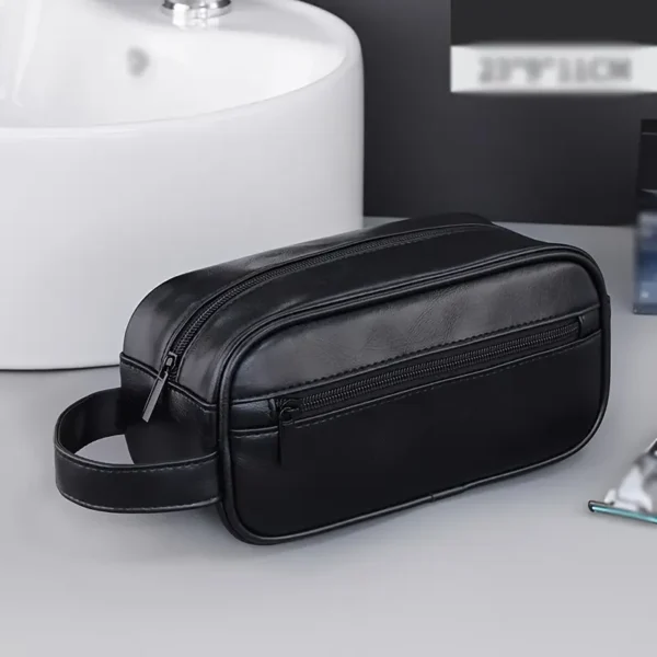 Trousse de toilette de voyage en similicuir, Grande capacité, organiseur de cosmétiques portable pour voyages d'affaires et utilisation en extérieur, noir – Image 5