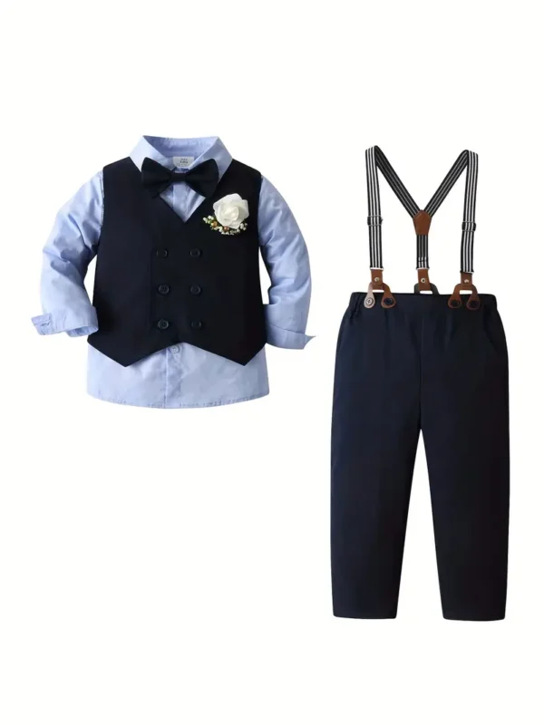 Ensemble 3 pièces pour garçon, chemise à nœud papillon, gilet et salopette, tenue de soirée pour discours, fête d'anniversaire, vêtements pour enfants pour printemps, automne, hiver, vêtements d'extérieur