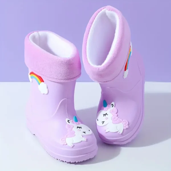 Bottes de pluie doublées en peluche pour enfants 2024, Bottes courtes en caoutchouc durables, toutes saisons et chaudes avec motif de dessin animé pour garçons et filles, chaussures d'extérieur en PVC à bout rond à enfiler - Image 5