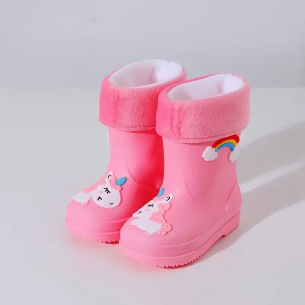 Bottes de pluie doublées en peluche pour enfants 2024, Bottes courtes en caoutchouc durables, toutes saisons et chaudes avec motif de dessin animé pour garçons et filles, chaussures d'extérieur en PVC à bout rond à enfiler - Image 6