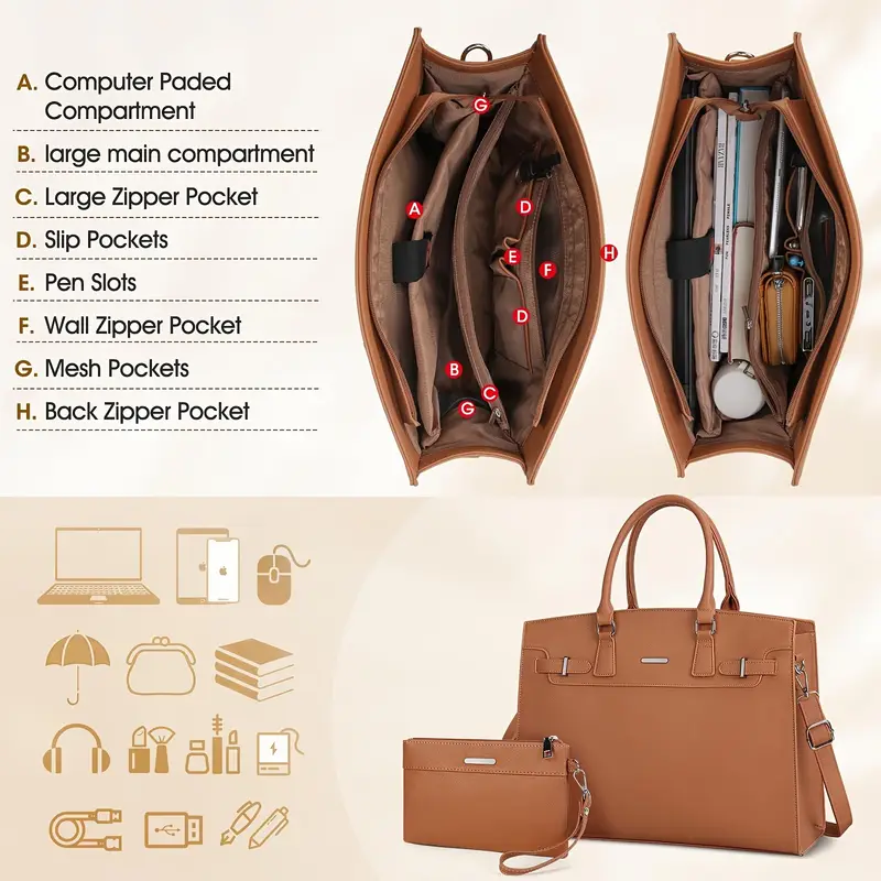 Lot de 2 porte-documents en similicuir pour femme, sac d'ordinateur portable tendance, sac fourre-tout étanche avec fermeture éclair, doublure en polyester, avec bandoulière amovible, pour les déplacements quotidiens, les sorties, ordinateur portable de 39,62 cm 6 Lot de 2 porte-documents en similicuir pour femme, sac d'ordinateur portable tendance, sac fourre-tout étanche avec fermeture éclair, doublure en polyester, avec bandoulière amovible, pour les déplacements quotidiens, les sorties, ordinateur portable de 39,62 cm – Image 5