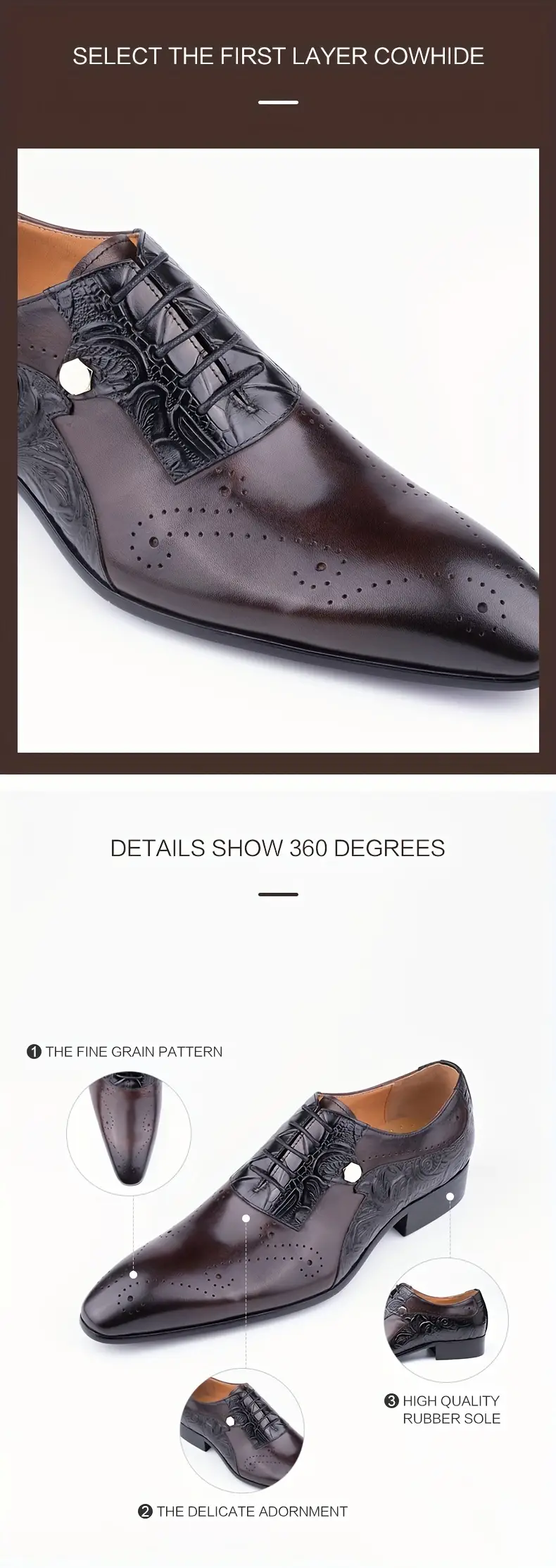 Chaussures Oxford à bout richelieu vintage de luxe pour hommes, confortables, antidérapantes, tige en cuir de vachette pleine fleur, semelle en caoutchouc, chaussures habillées pour hommes 8 Chaussures Oxford à bout richelieu vintage de luxe pour hommes, confortables, antidérapantes, tige en cuir de vachette pleine fleur, semelle en caoutchouc, chaussures habillées pour hommes – Image 7