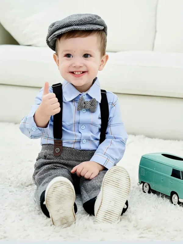 Costume de gentleman pour bébé Costume de gentleman pour bébé, chemise et salopette à rayures aléatoires pour enfants avec chapeau et nœud pour banquet d'anniversaire, fête de mariage, festival, spectacle de pleine lune 1 novembre 2024 Kotazando