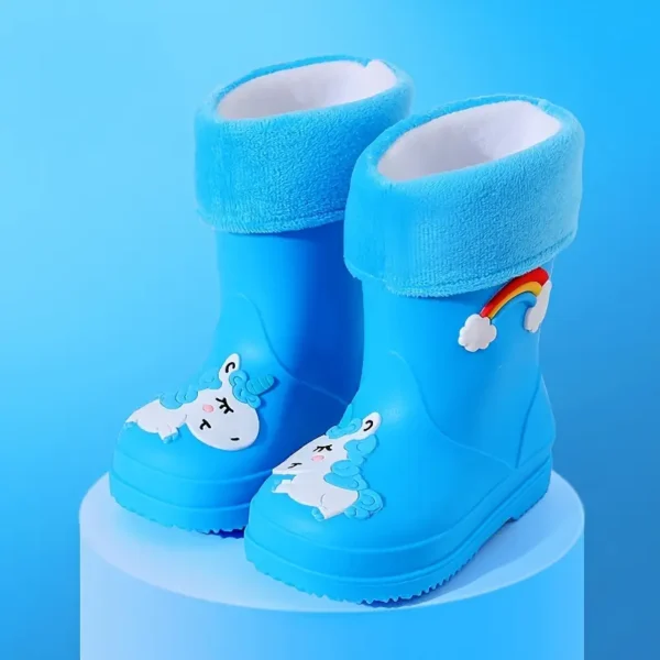 Bottes de pluie doublées en peluche pour enfants 2024, Bottes courtes en caoutchouc durables, toutes saisons et chaudes avec motif de dessin animé pour garçons et filles, chaussures d'extérieur en PVC à bout rond à enfiler - Image 7