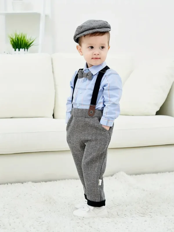 Costume de gentleman pour bébé Costume de gentleman pour bébé, chemise et salopette à rayures aléatoires pour enfants avec chapeau et nœud pour banquet d'anniversaire, fête de mariage, festival, spectacle de pleine lune 1 novembre 2024 Kotazando