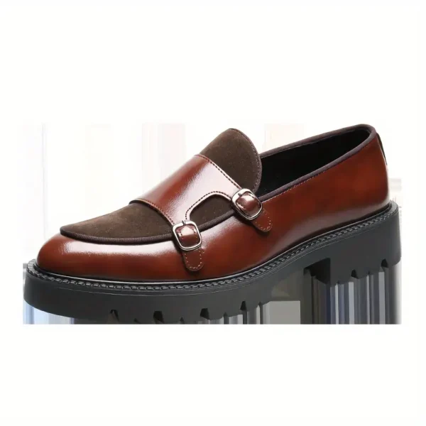 Mocassins de style vintage pour hommes, Chaussures décontractées à enfiler en similicuir avec détail à double boucle, bout rond, semelle en caoutchouc et semelle intérieure confortable pour toutes les saisons – Image 10