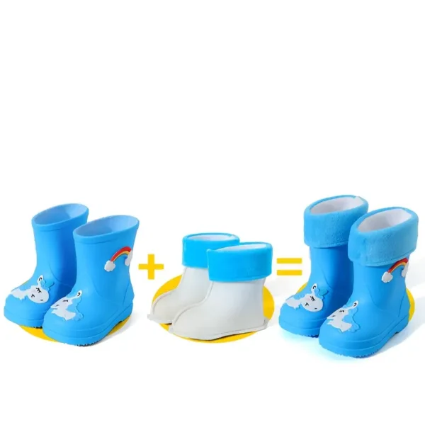 Bottes de pluie doublées en peluche pour enfants 2024, Bottes courtes en caoutchouc durables, toutes saisons et chaudes avec motif de dessin animé pour garçons et filles, chaussures d'extérieur en PVC à bout rond à enfiler - Image 11