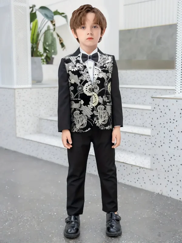 Tenues de gentleman formelles pour garçons, veste de costume à manches longues et pantalon à motif floral, ensemble de vêtements pour garçons pour robe de banquet de mariage en plein air – Image 2
