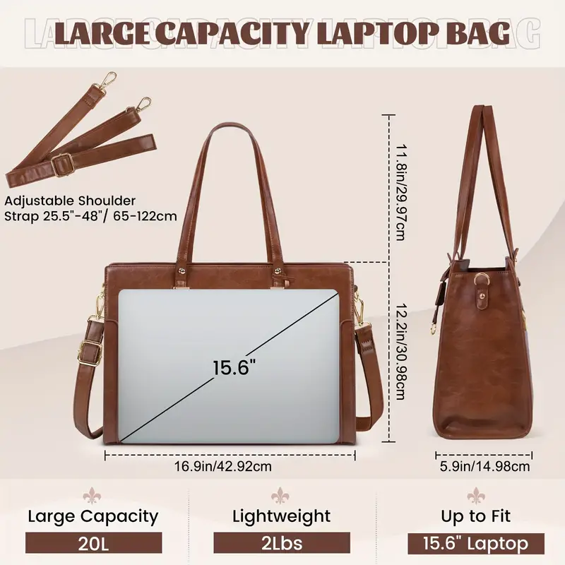 Sacoche pour ordinateur portable vintage marron élégant de 39,62 cm pour femme, Mallette en similicuir imperméable avec bandoulière, sac fourre-tout de travail professionnel 11 Sacoche pour ordinateur portable vintage marron élégant de 39,62 cm pour femme, Mallette en similicuir imperméable avec bandoulière, sac fourre-tout de travail professionnel – Image 10