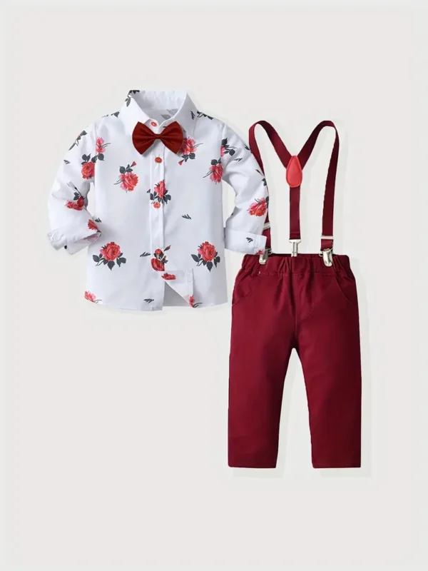 Ensemble 3 pièces pour garçon avec motif floral Ensemble 3 pièces pour garçon avec motif floral, nœud papillon, chemise et salopette, tenue de soirée pour discours, fête d'anniversaire, vêtements pour enfants à porter au quotidien et en extérieur 1 novembre 2024 Kotazando