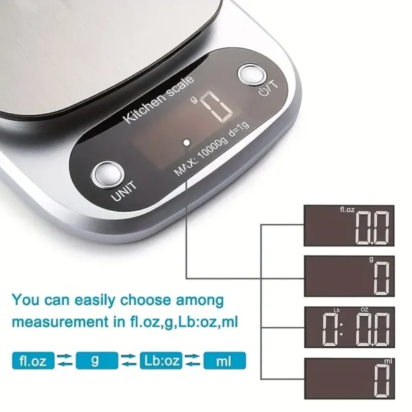 Balance de cuisine numérique de précision, Capacité de 22 lb, affichage en grammes et en onces pour la cuisine et la pâtisserie, précision de 1 G/0,1 oz, alimentée par pile AAA non rechargeable (argentée) – Image 11