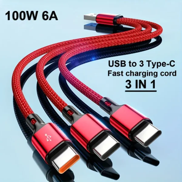 Câble de charge ultra rapide USB vers 3 types C 100 W 6 A 20 cm/120 cm pour Huawei Honor Xiaomi Redmi POCO pour SamSung OPPO pour VIVO Câbles de chargeur USB haute vitesse Câble de charge USB C pour voiture Chargeur USB C Type-C Câble de données USB vers Type C 3 en 1 Câble de chargeur de téléphone – Image 6