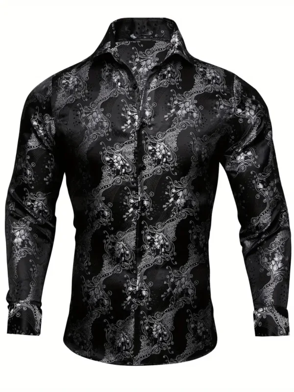 Chemise à fleurs jacquard tendance pour homme, Tissu en polyester non extensible à manches longues avec col à revers, chemise boutonnée à simple boutonnage pour toutes les saisons - Image 3