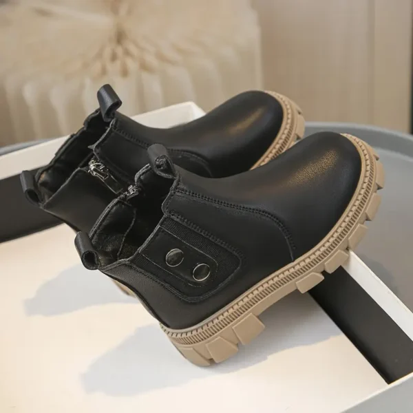 1 paire de bottines Chelsea tendance pour enfants, bottines courtes décontractées à bout rond avec fermeture éclair en similicuir avec semelle TPR et semelle intérieure en tissu pour garçons et filles - Image 5