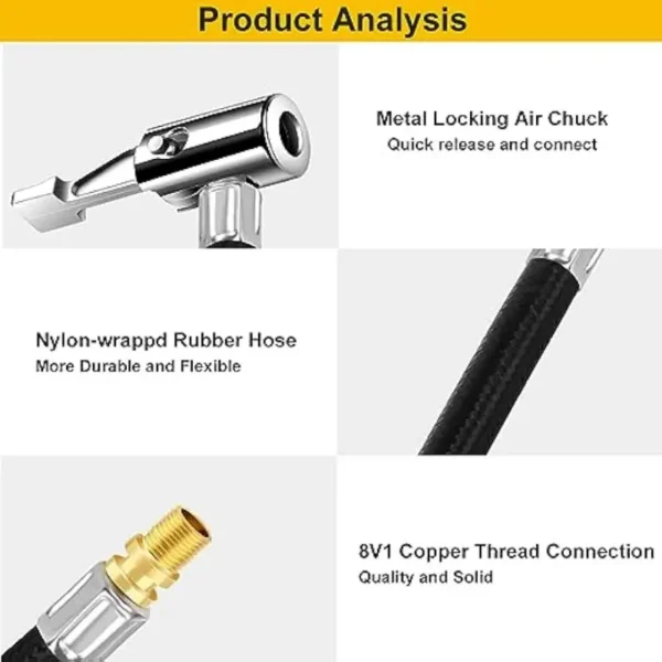 Adaptateur de tuyau de gonflage de pneu universel 50,8 cm, mandrin à air avec tuyau tressé, adaptateur de valve Presta et Schrader pour compresseur d'air, non chargé, aucune batterie requise 18 décembre 2024 Kotazando